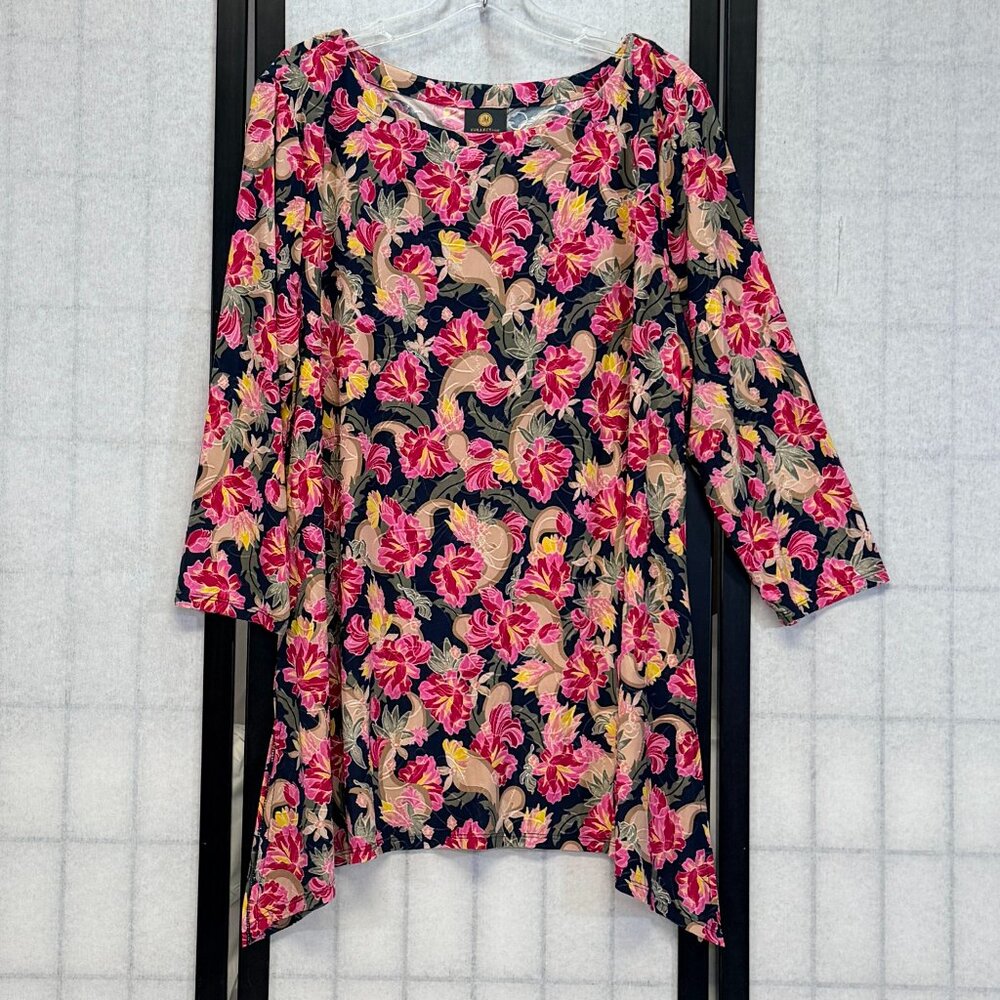 JM Collection Bateau Neck Slit Side Sharkbite Tunic XL Navy Pink Floral Top